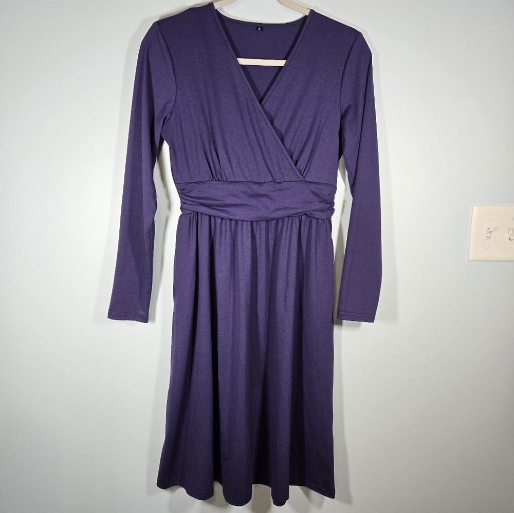 Purple Long Sleeve A-Line Midi Dress with Pockets V-Neck Womens Size Small